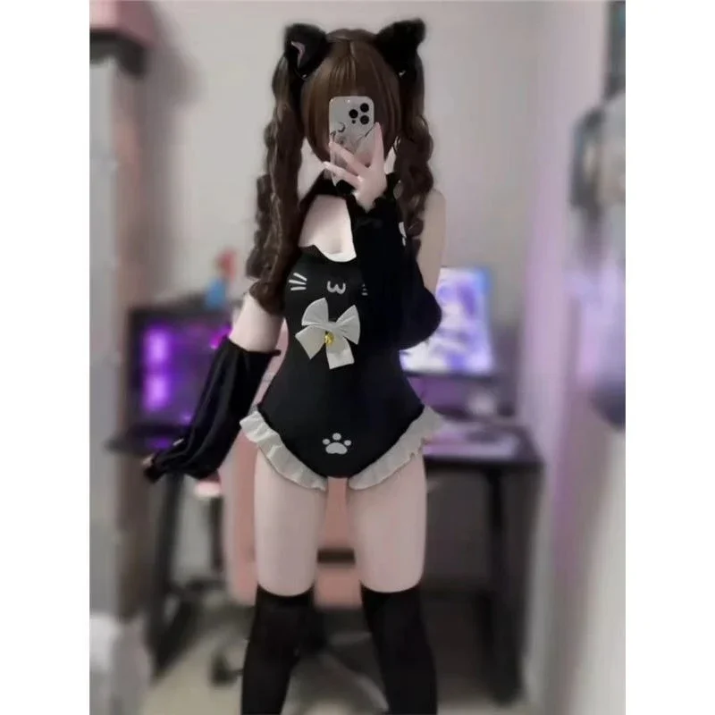 Japanese Cat Kawaii One-Piece With Bell & Bow + Arm Sleeve Cute Halter Top Bodycon Sexy Hot Girl Lace Trim Set Spring Summer - view 3