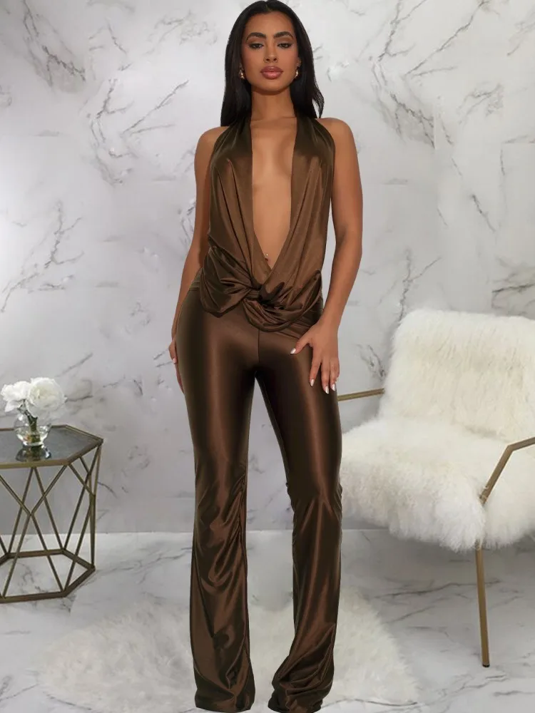 

Solid Women Jumpsuits For Spring Summer Sleeveless V-Neck Loose Fashion Streetwear Overalls Wide Leg Pants Trousers 2025