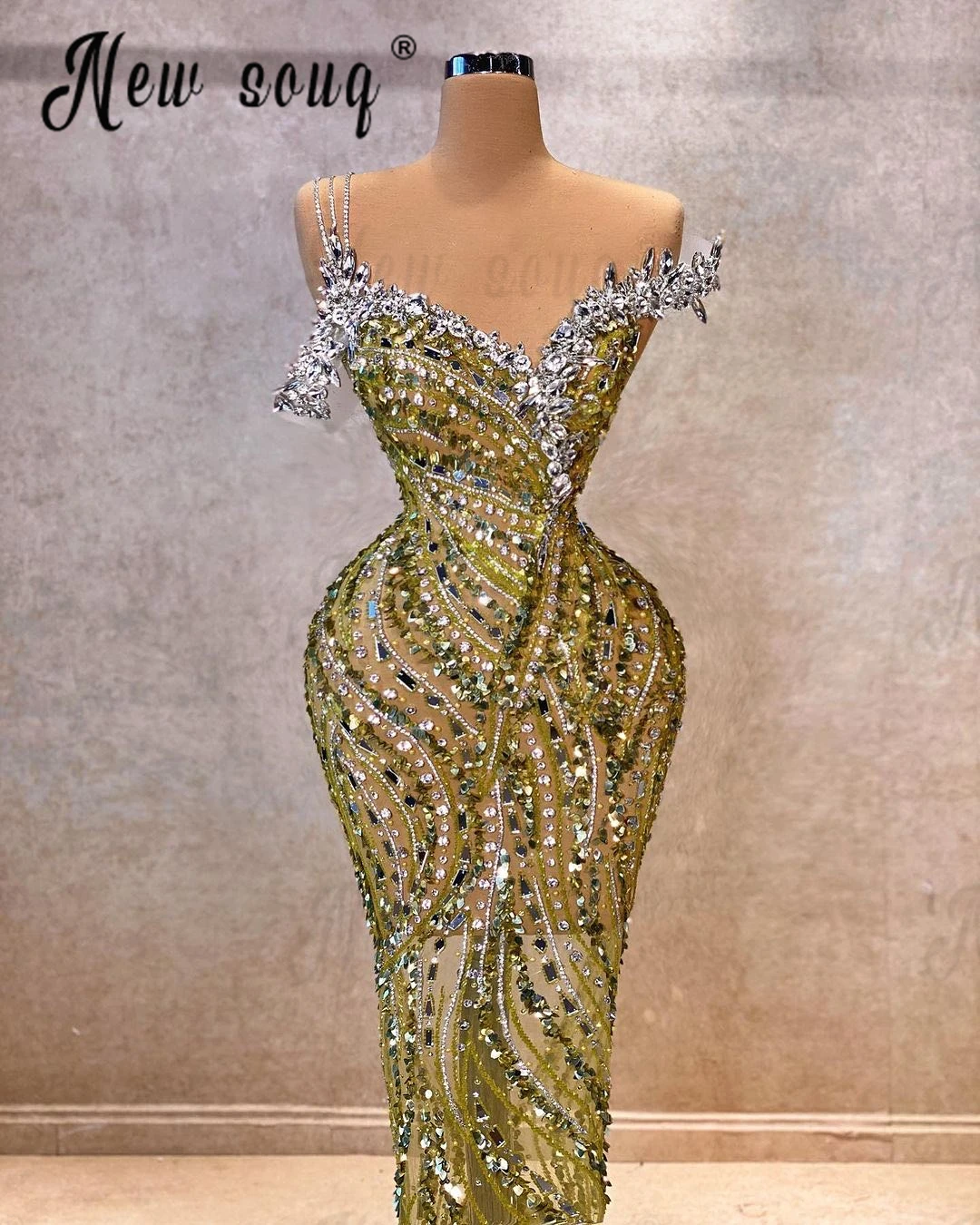 Illusion Mermaid Cocktail Dress Long Train Off Shoulder Crystals Pageant Gowns Dubai Sleeveless Evening Dress Olive Green Dress