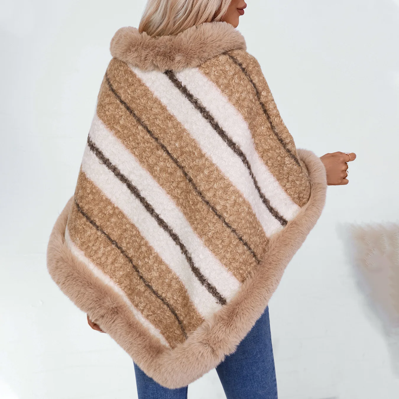 Women's Knitted striped shawl jacket cape fur collar autumn/winter batwing sleeve Casual loose Shawl fitting headwear