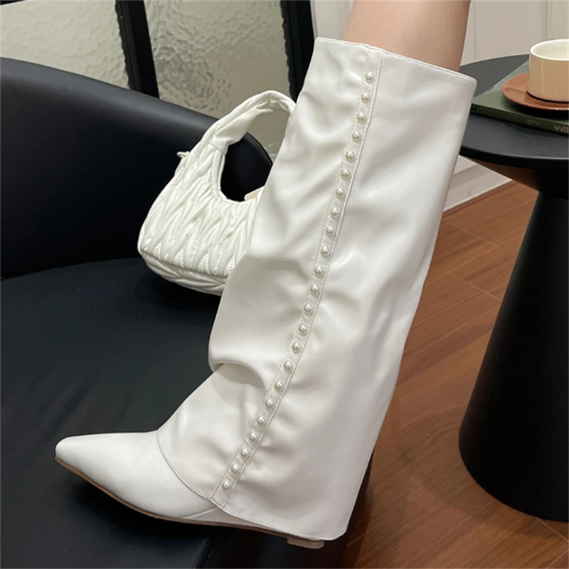 

Aneikeh/женские сапоги до колена в винтажном стиле, модная женская обувь на танкетке с квадратной головкой и жемчугом