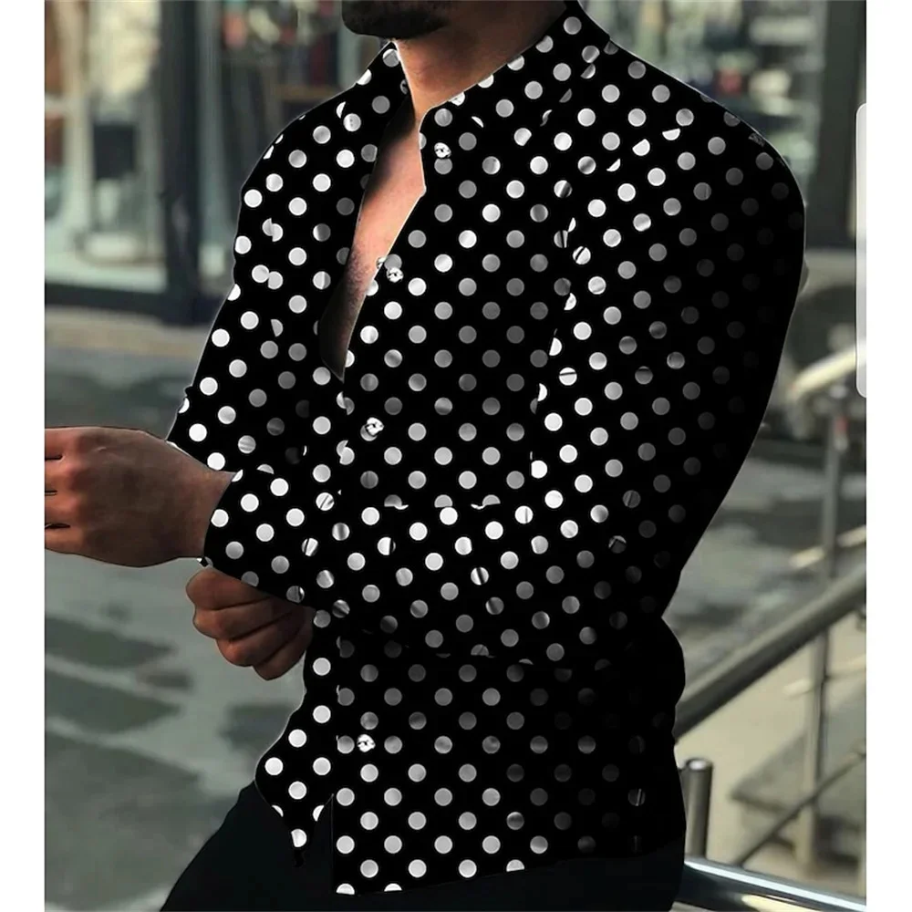 Polka Dot Lapel Men\'s Shirt Casual Comfort Hawaiian Everyday Long Sleeve Shirt Fashion Button Large Size Design 12 Colors