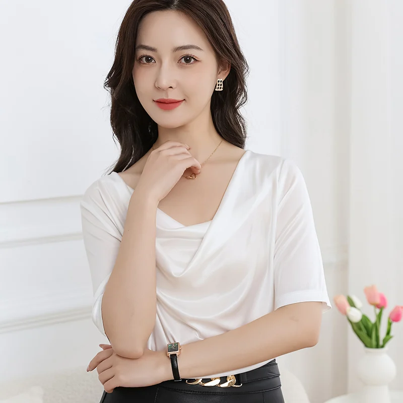 Summer New Style Triacetate Satin Short-Sleeve Women'S T-Shirt With A Draped Collar Fashionable Loose Silky And Drapey