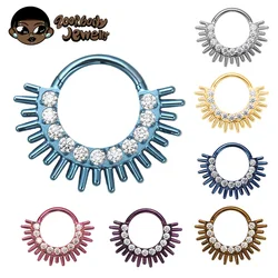 ASTM F136 Titanium Clicker Tassel Septum Nose Ring 16G Spark Burst CZ Daith Earring Hoop Front Facing Hinged Segment Piercing