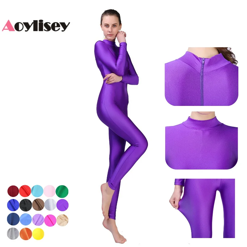 AOYLISEY Women Full Body Unitard Turtleneck Zip Ballet Long Sleeve Adult Dancewear Spandex Unisex Jumpsuit Gymnastics Costume