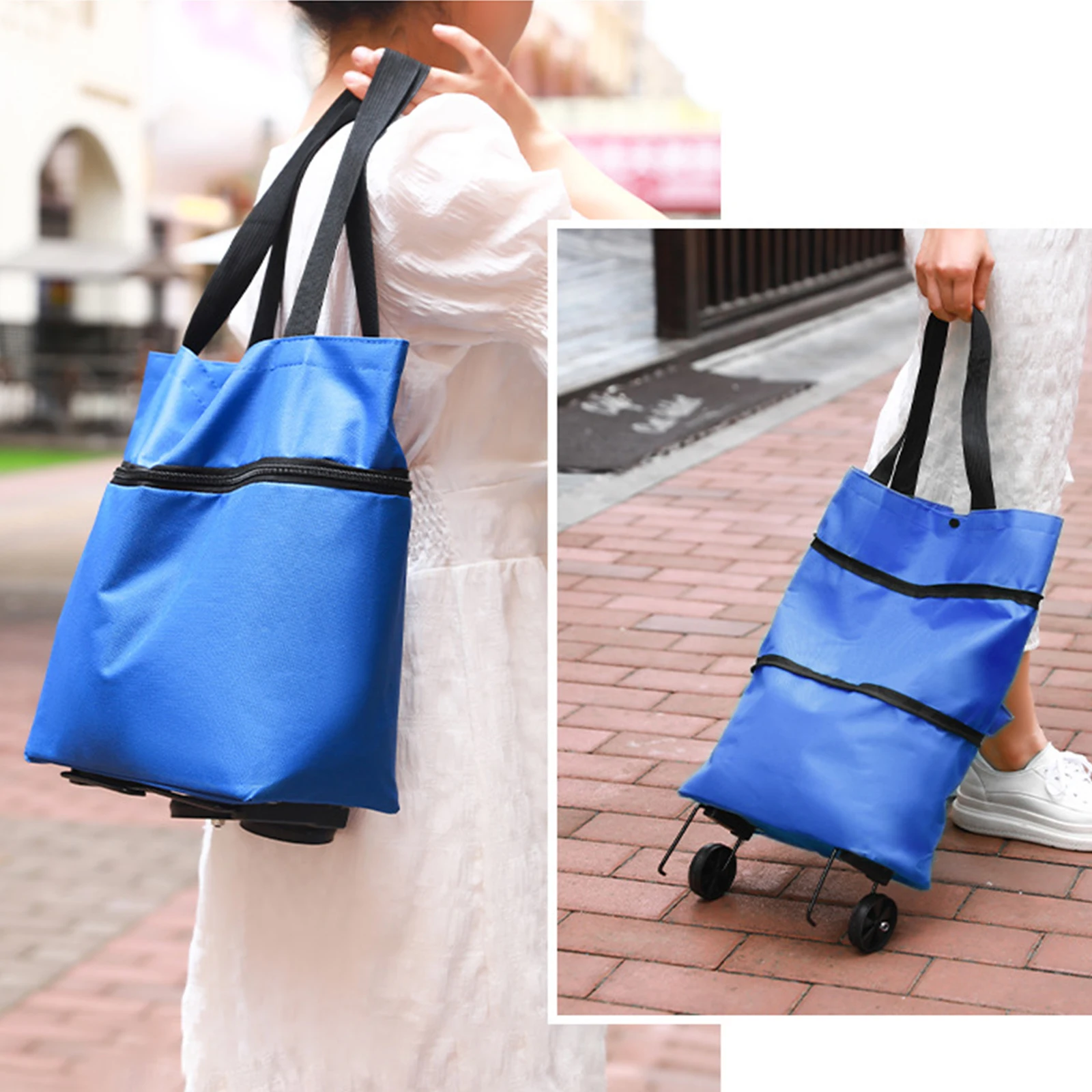 1 Pc Oxford Cloth Multifunctional Foldable Portable Shopping Cart With Wheel And Detachable Supermarket Travel Daily Storage Bag