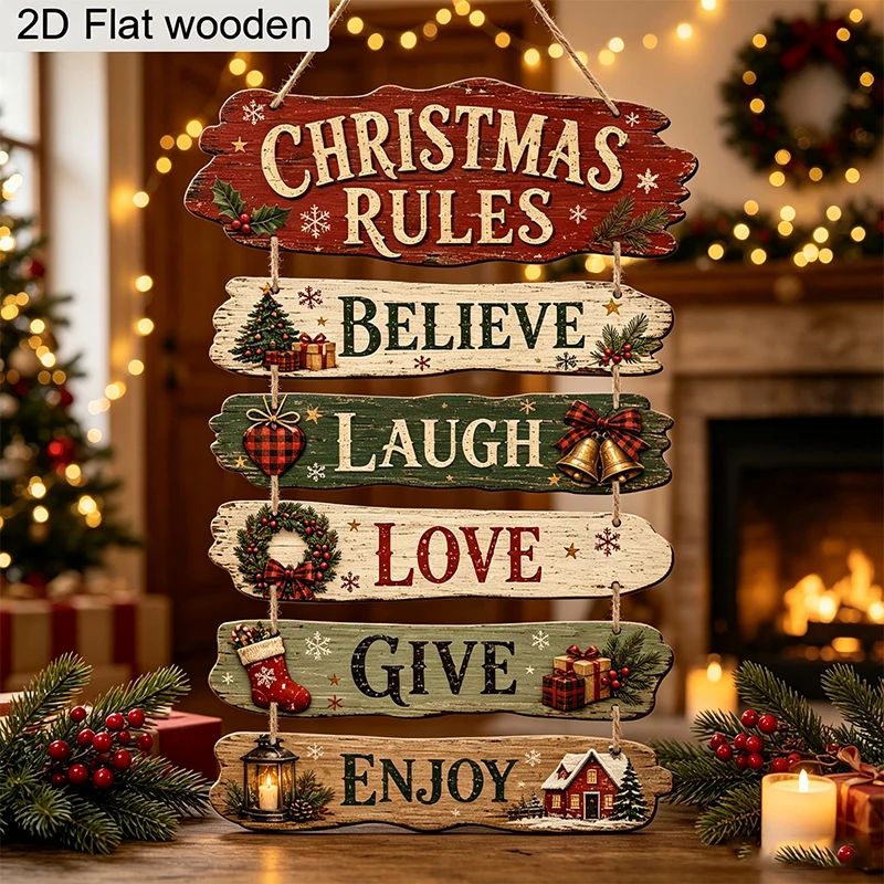 Christmas Rules Wooden Hanging Sign Vintage Farmhouse Christmas Wall Decor Wood Plaque for Home Front Door Holiday Decoration