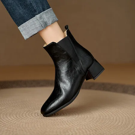 Brand British Style Women Ankle Boots Round Toe Block Heels 4.5cm Slip On Casual Daily Chelsea Bota Big Size 44 45 46