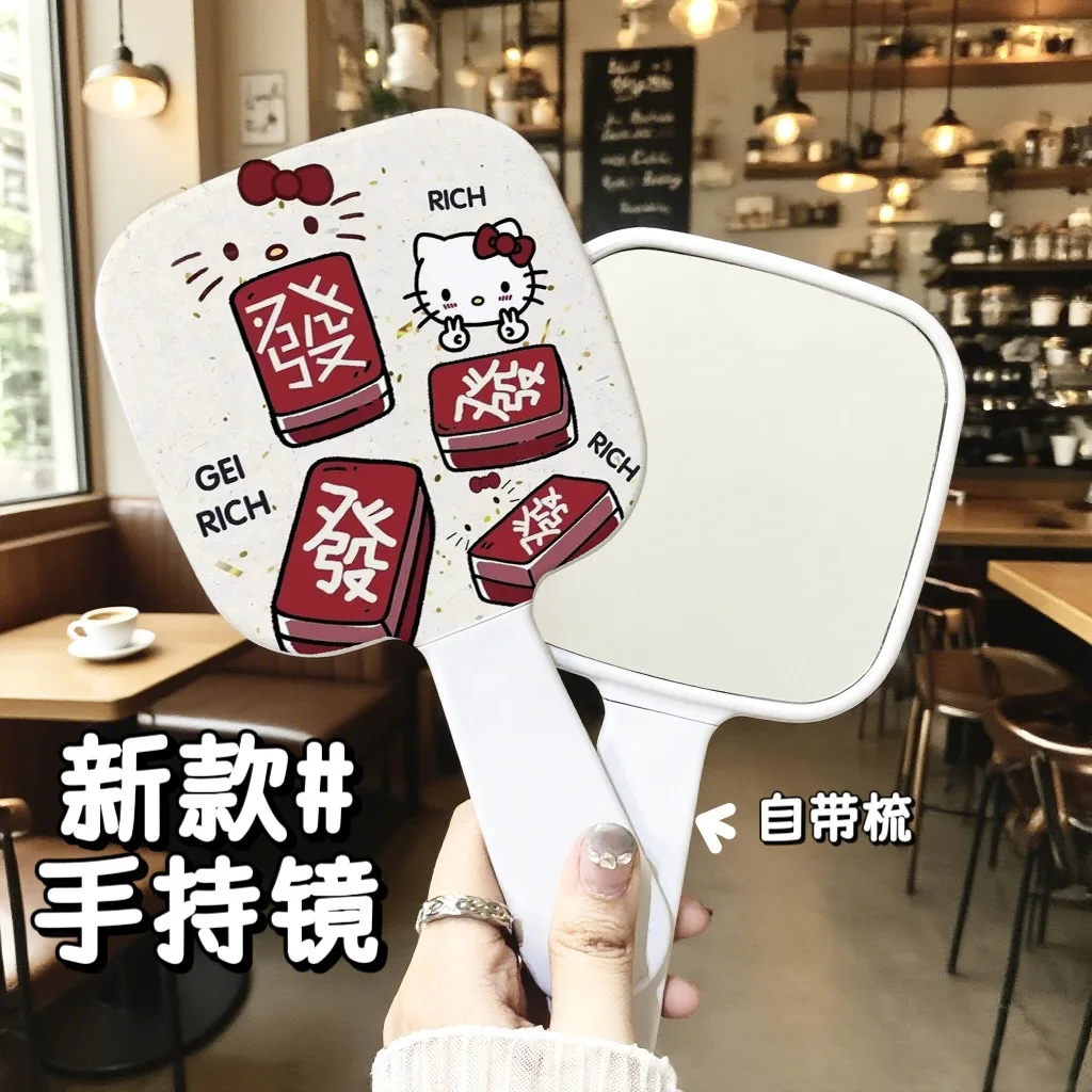 

Sanrio Hello Kitty Handle Mirror with Comb Portable Handheld Makeup Mirror Girl's Heart Mirror Comb Integrated Small Mirror Gift