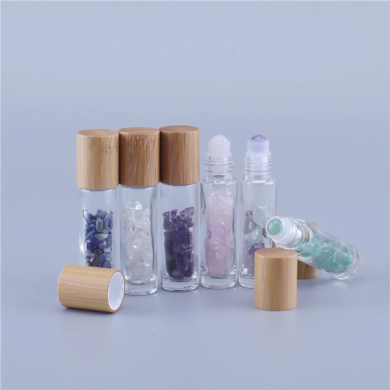 Botellas enrollables de vidrio transparente para masaje, rellenables, 10ml, 100 unids/lote, con bolas de rodillo de Jade de colores, grava en el interior