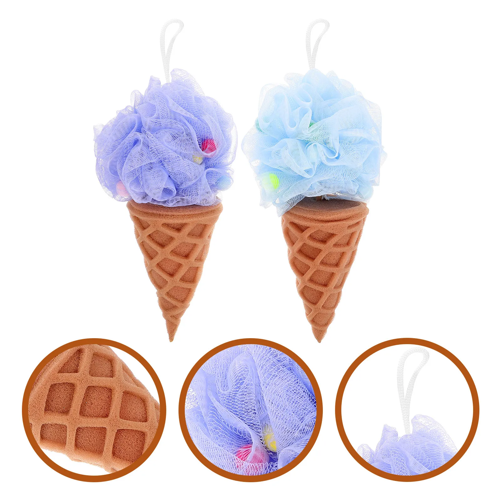 2Pcs Adorable Ice Cream Bath Ball Loofah Sponge Elastic Soft Exfoliator for Body Dead Skin Removal Quick Dry Hanging Lanyard