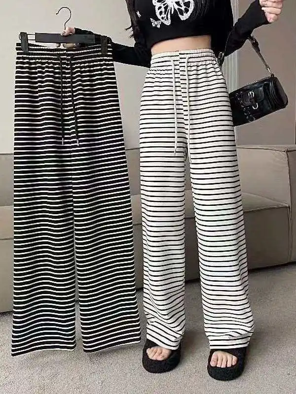 

Bla And White Striped Towel Wideleg Pants for Women Spring Cleanfit Low Waist Cotton PVC Casual Trousers