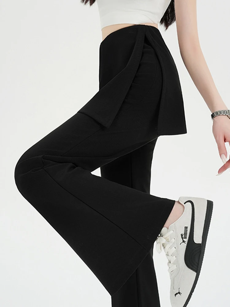 

Женские летние повседневные брюки в американском стиле, имитация двух частей, с высокой талией, эластичные, облегающие, широкие штанины, черные, с эффектом расклешения.