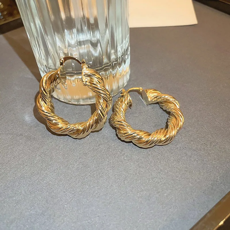 Huitan Gold Color Twist Shaped Hoop Earrings for Women Simple Stylish Girls Ear Loop Earrings Fancy Gift Party Statement Jewelry
