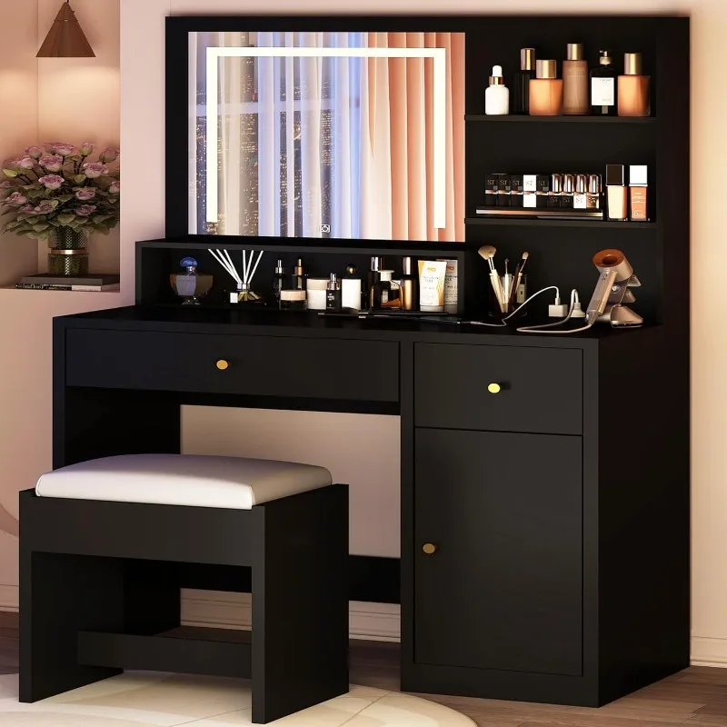 47 inch Vanity Desk w/Mirror Light & Outlet, Make up Vanity Desk w/Stool & 5 Shelf & 2 Big Drawers, Cabinet, Black Vanity Set w/