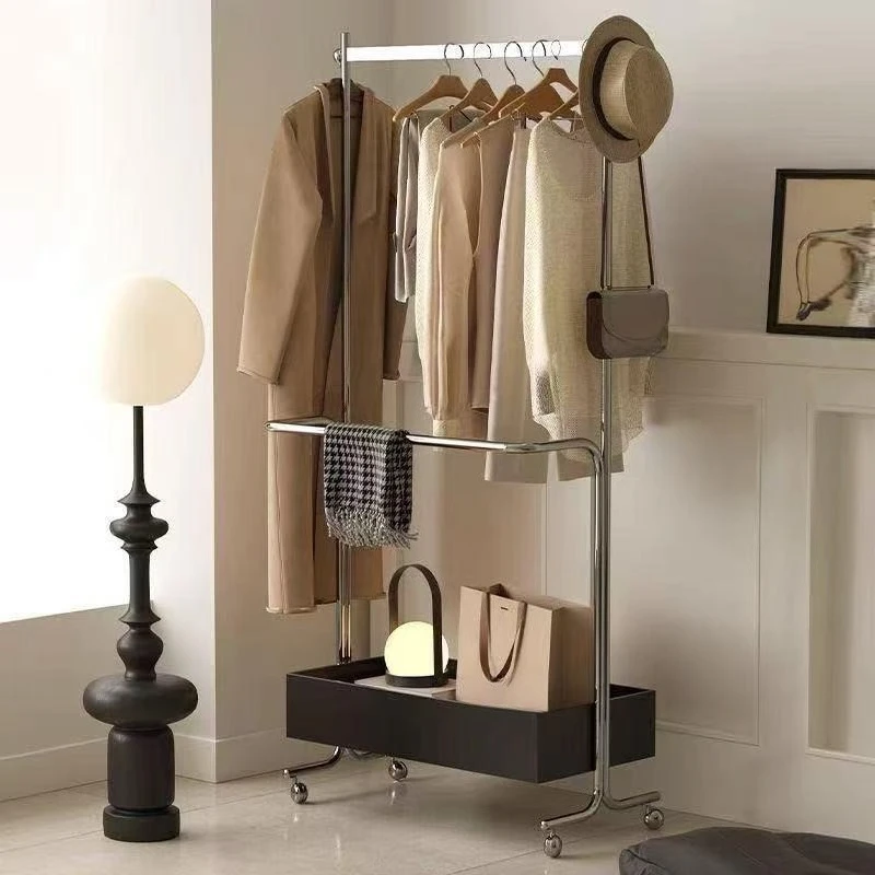 YJQ stainless steel light luxury coat rack floor-to-ceiling storage solid wood mobile hotel home clothes rack