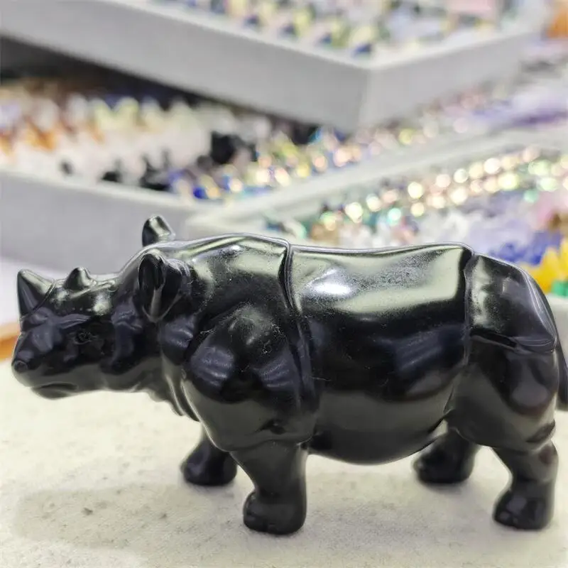 

Natural Black Obsidian Rhino Carving Reiki Healing Fengshui Stone Crafts Home Decoration Holiday Gifts 1PCS