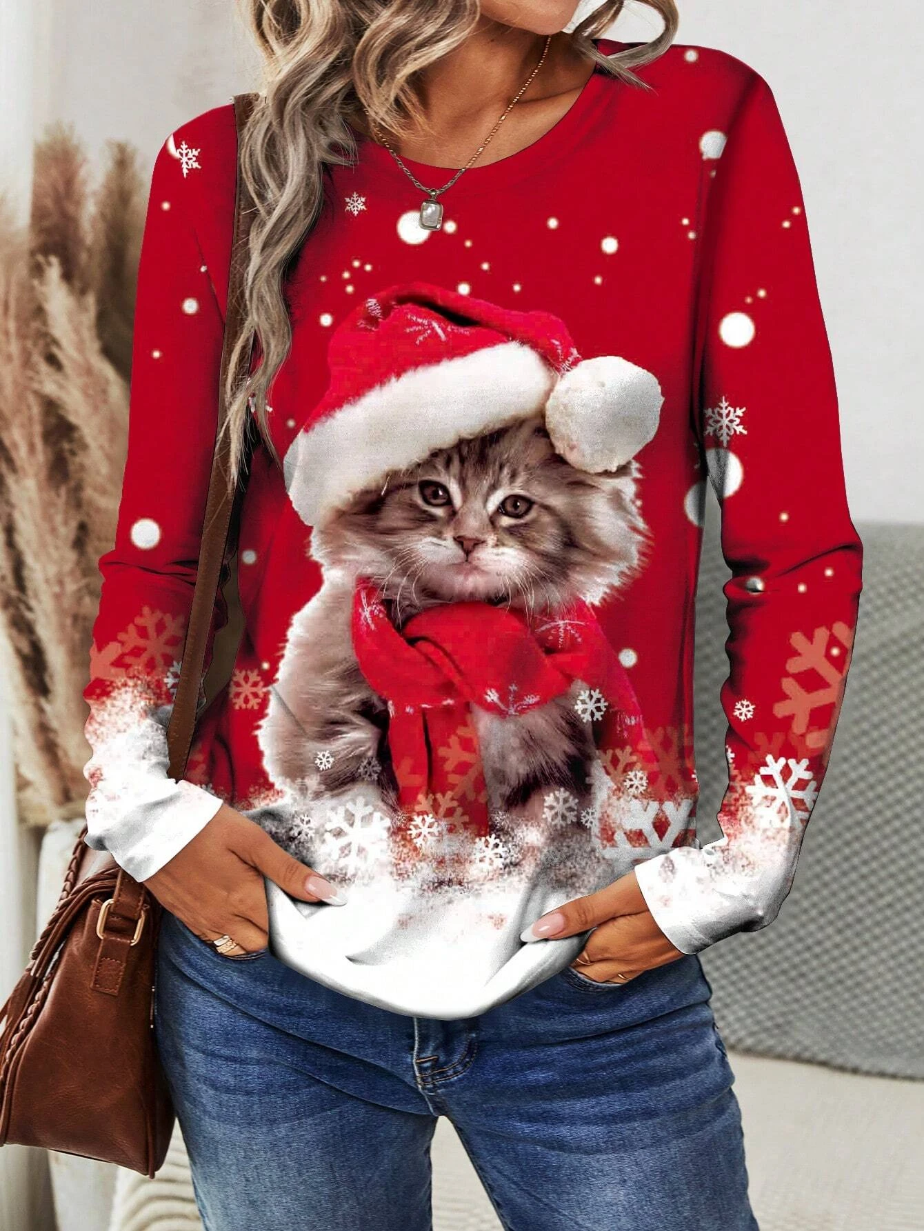 

Santa Cat Printed Christmas Day Fashion Women Long Sleeve T-Shirts Sweatshirts Round Neck Casual Pullover Oversized Tops
