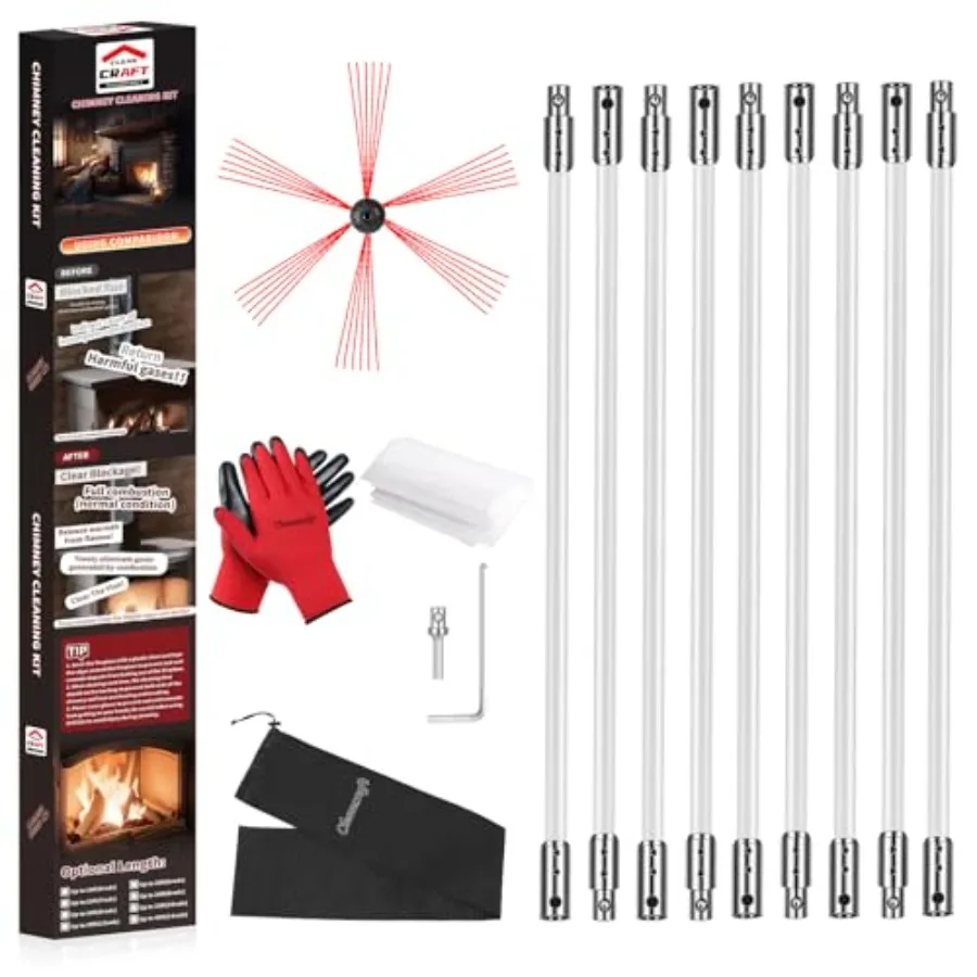 

Набор для чистки дымоходов: 9 гибких белых штанг для дымохода, щетка для очистки камина, вращающаяся щетка для дымохода