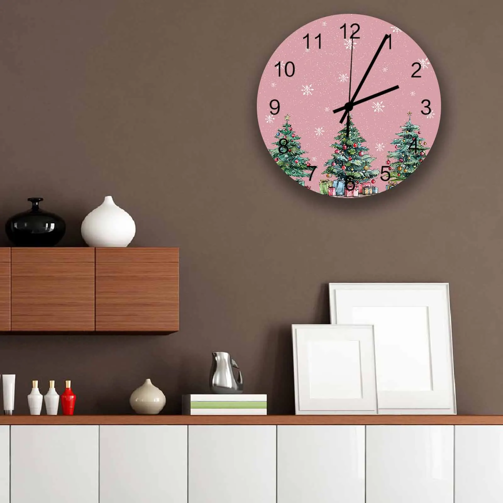 

Christmas Tree Gift With Pink Background Wall Clock Large Modern Kitchen Dinning Round Wall Clocks Bedroom Silent Hanging Watc