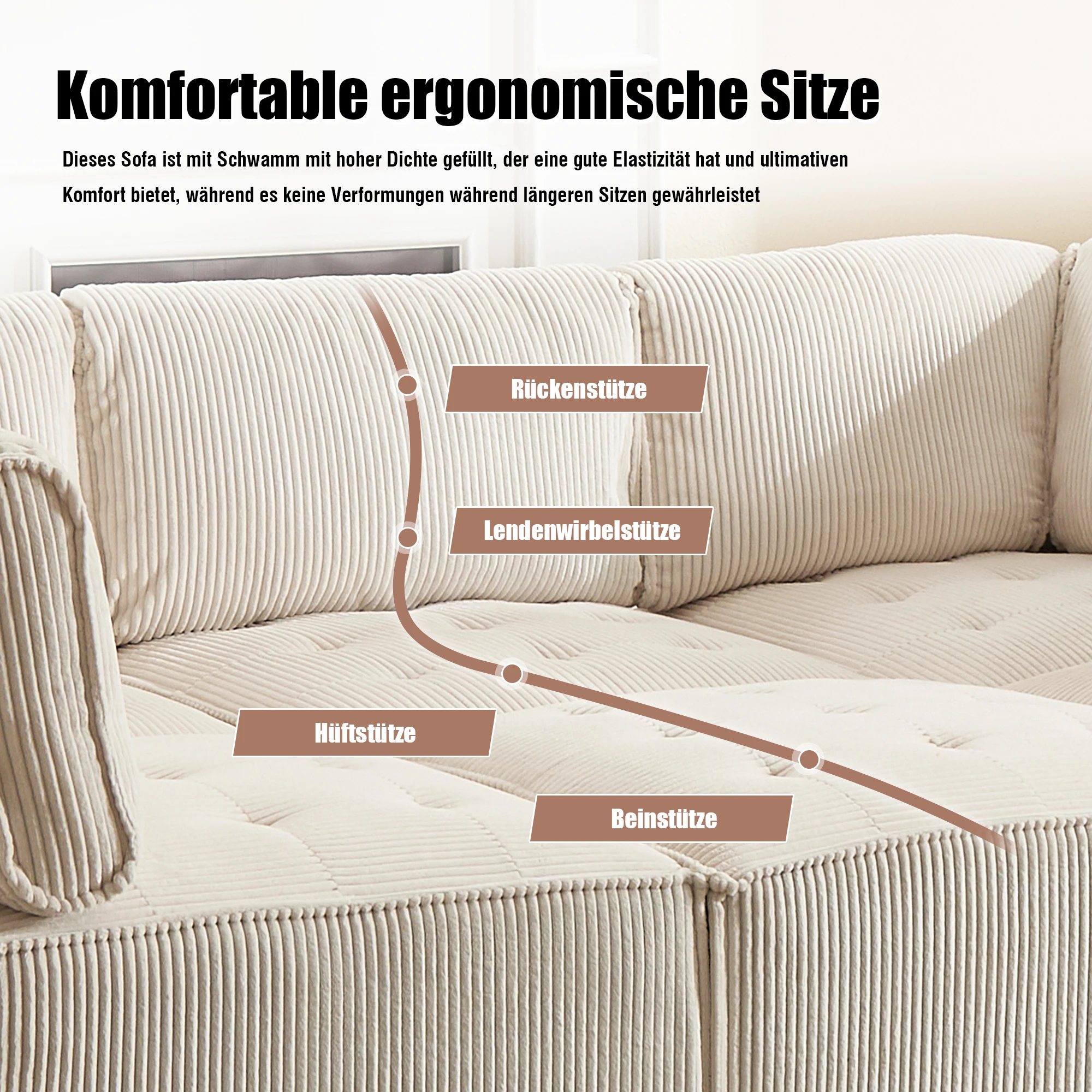 Sofa Modulares 6-Sitzer-Sofa, Kordelstoff, ergonomisch, Aufbewahrungstaschen, flexibel kombiniert als U-Form/L-Form/Sofabett – Detail 2
