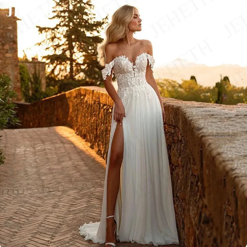 6069 Lace Boho Wedding Dresses A Line Off The Shoulder Chiffon Beach Sweetheart Bride Dresses Custom Made To Measures