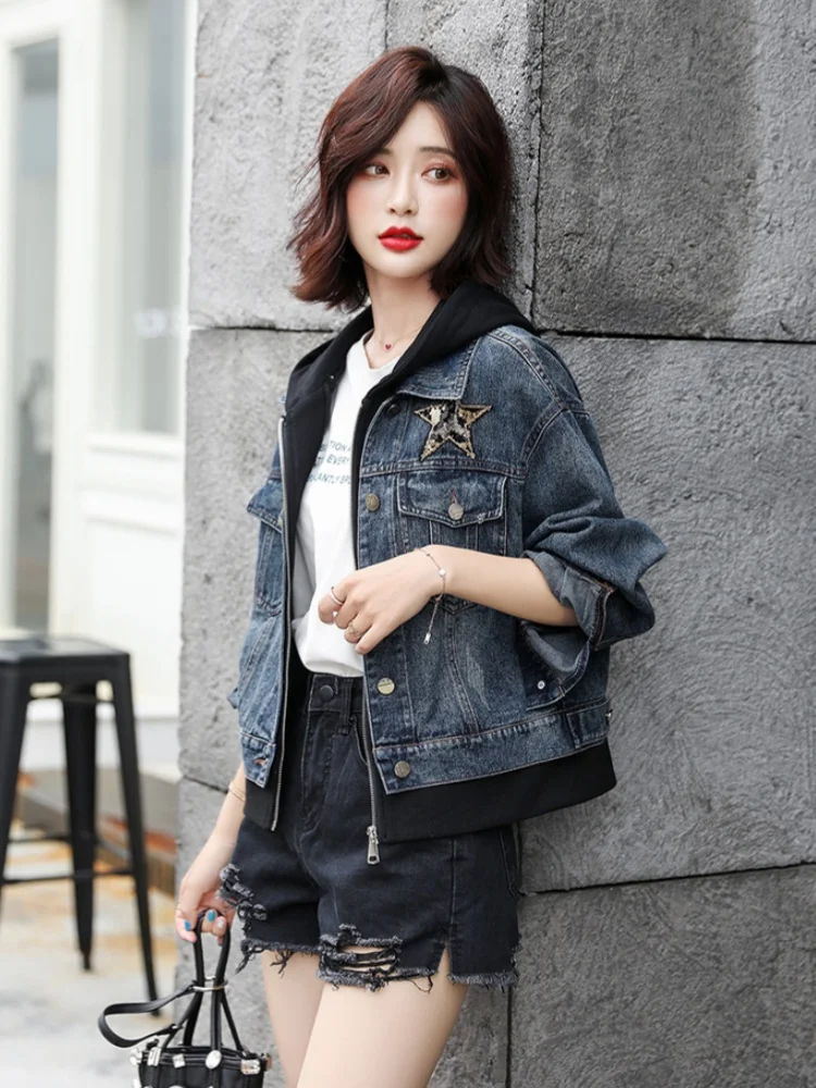 

Женский повседневный свободный джинсовый джинсовый джинт со шляпой и блестками, вышивка, весна-осень, новая корейская версия, комплект из двух предметов