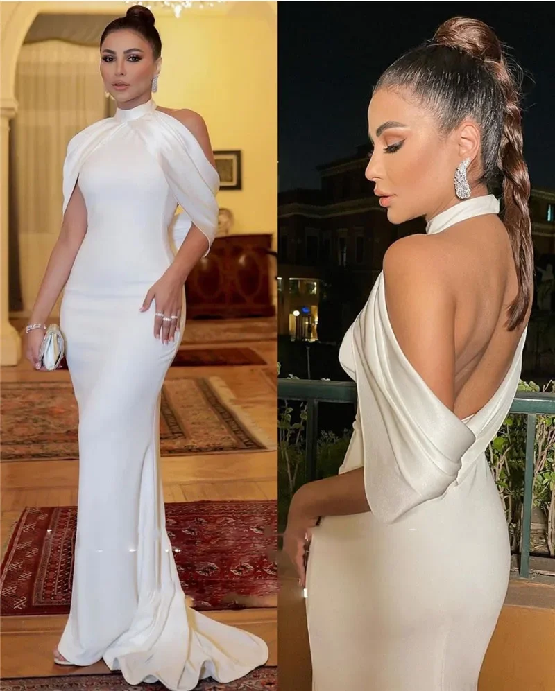 

2024 Elegant White Mermaid Evening Dresses High Neck Low Back Silk Strecth Satin Elegant Prom Gowns Long Celebrity Wear