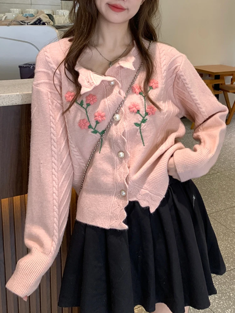 KIMOKOKM Korea Preppy Style Sweet Girl Crochet Hollowed Out O-Neck Cute Flower Twists Cardigan Full Sleeve Pink Knitting Sweater