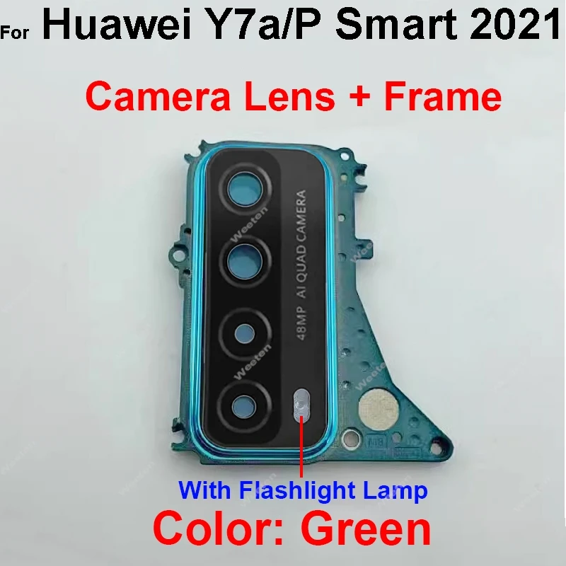 غطاء عدسة زجاجية للكاميرا لهاتف هواوي Y7A P SMART 2021 حامل إطار عدسة الكاميرا الخلفية الخلفية مع جزء إصلاح ملصق لاصق