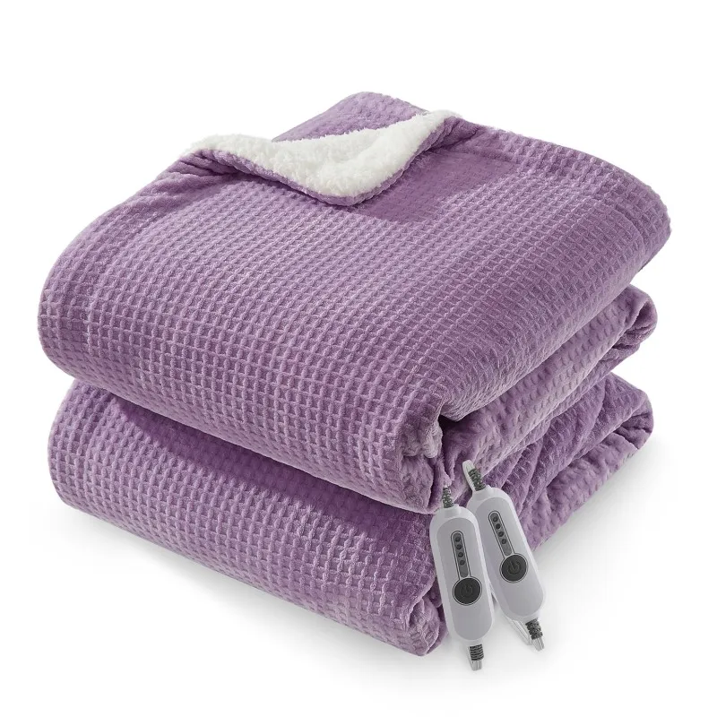 90''X100'' Fast-Heating Waffle Electric Heated Blanket Throw - Dual Control, Soft Flannel, 4 Heat Levels, Auto-Off, Machine Washable