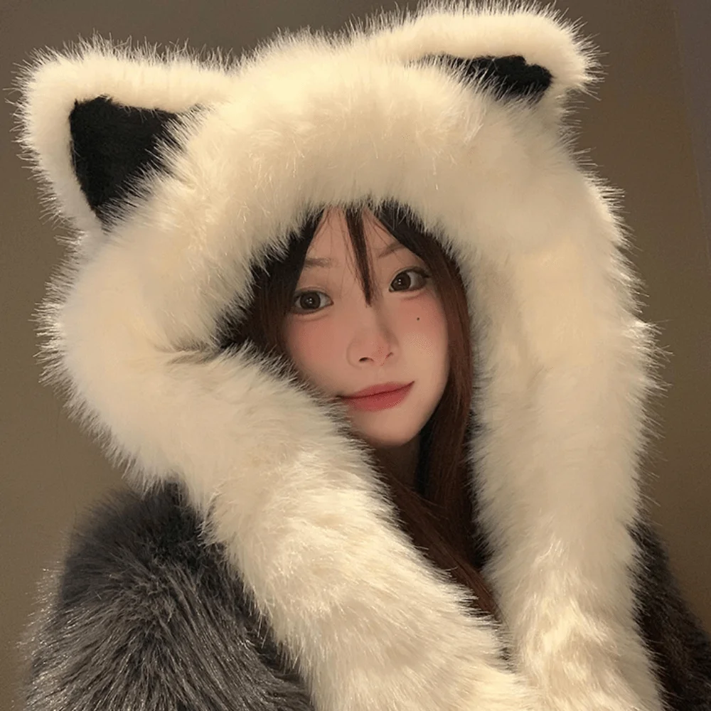 

Милая ветрозащитная шапка-бини с ушками Vixen, утолщенная морозостойкая интегрированная шапка, шарф, мягкий искусственный мех, пушистая шея, теплая шапка на каждый день