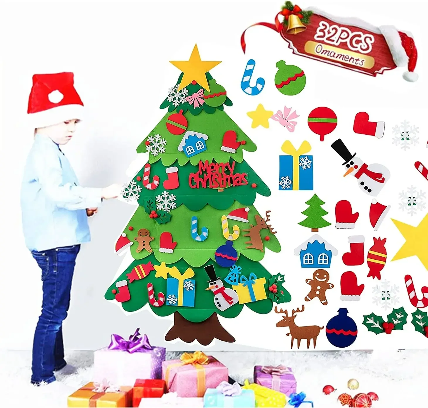 Kids DIY Felt Christmas Tree Toy Wall Hanging Artificial Xmas Tree with Snowman Ornament New Year Boys Girls Gift 32Pcs Ormants