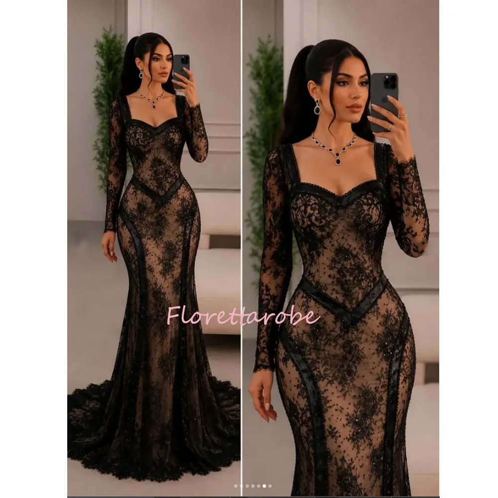 Black Mermaid Lace V Neck Long Sleeve Prom Dresses for Wome Sparkly Sequined Formal Evening Gowns Customized