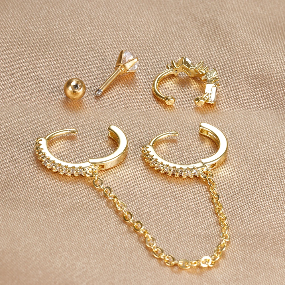 3PCS Gold Color Double Holes Chain Hoop Earrings Set for Women Stainless Steel Crystal Tassel Earrings Wedding Jewelry Gift 2024