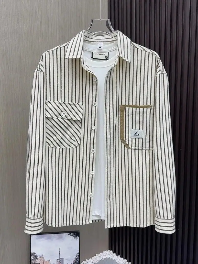 

Мужская классическая рубашка в полоску из смесового полиэстера и хлопка, приталенный крой, осенняя новинка