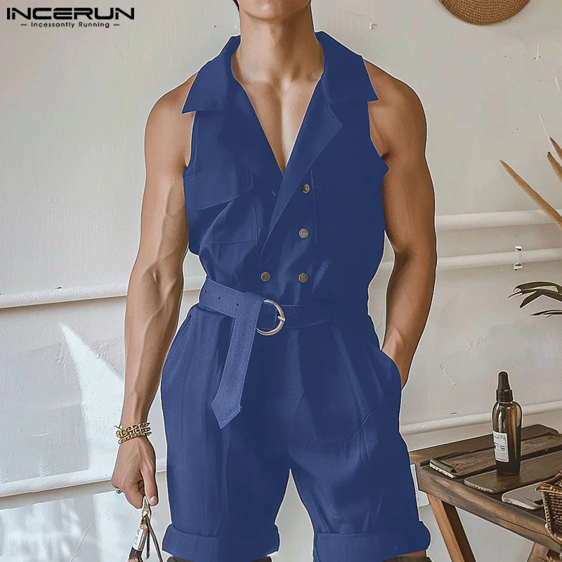 INCERUN 2024 Korean Style Men's Jumpsuits Fashion Solid Suit collar Design Rompers Button Waist Belt Sleeveless Bodysuits S-5XL