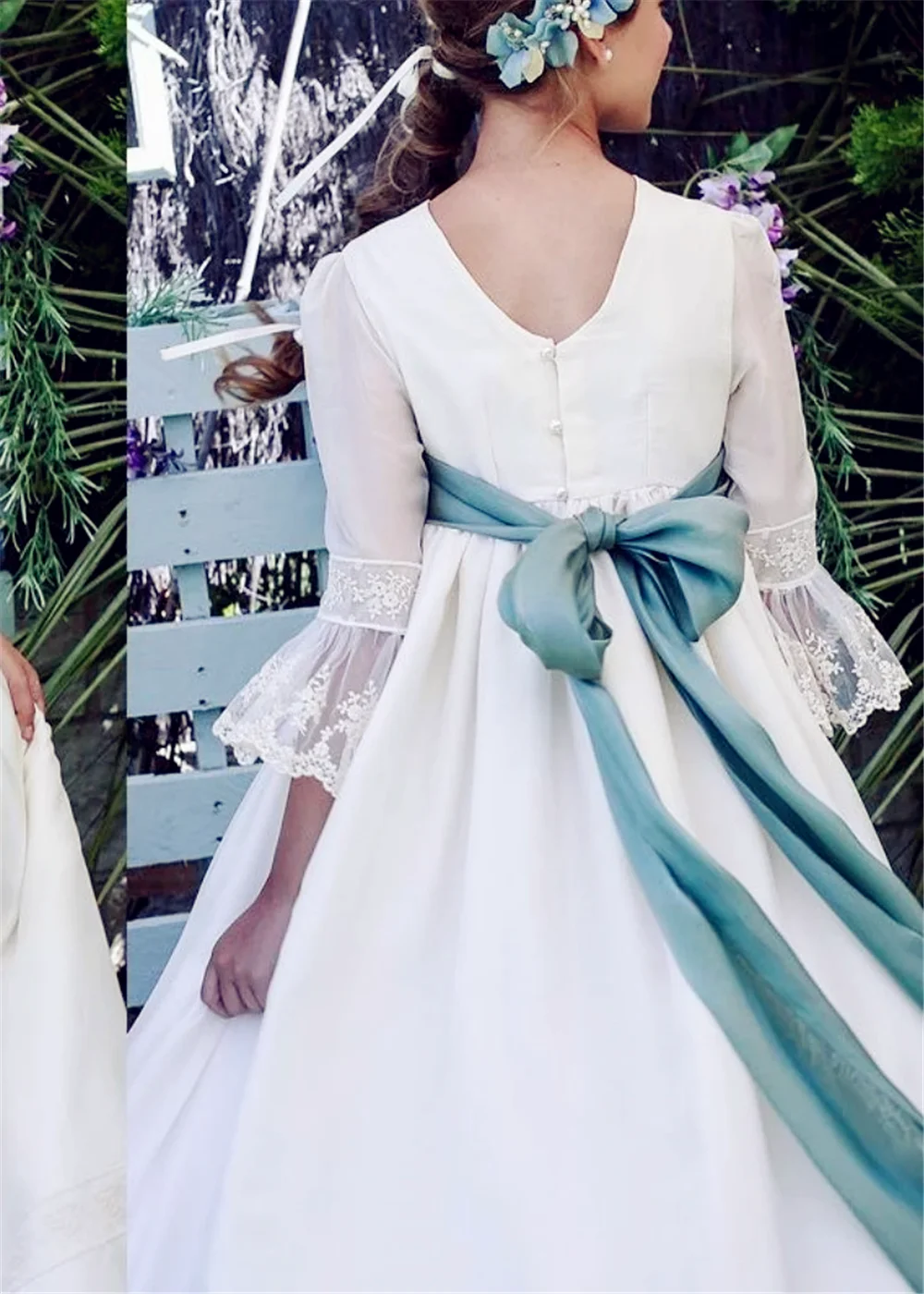 

White Flower Girl Dresses White Applique Lace Long Skirt Bow Belt Sleeve For Wedding Birthday GIFT Party First Communion Gowns