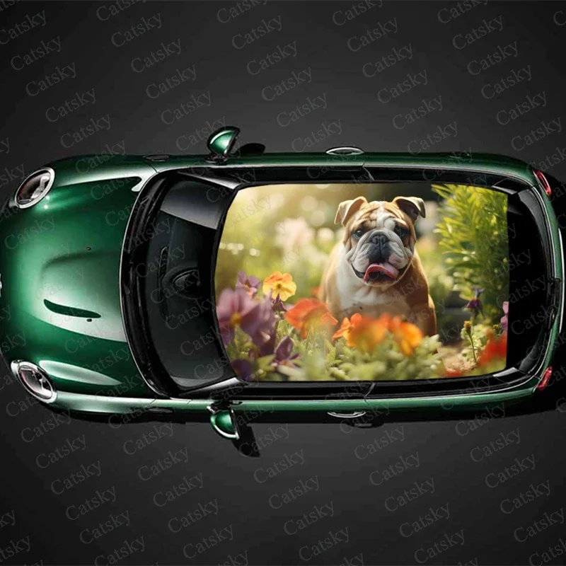 

Bulldog with Flowers Car Roof Sticker Wrap Racing SUV Accessories Packaging Painted PVC Custom Car Graphic Decal