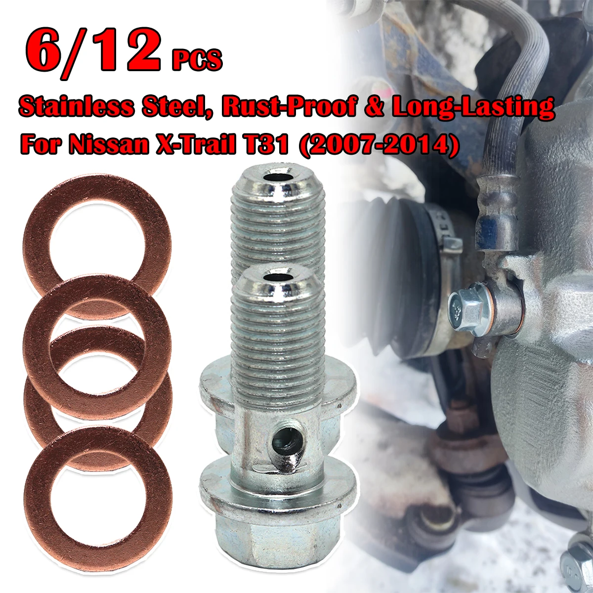 

6/12pc For Nissan X-Trail T31 Front Left Right rear Caliper Hose Lines Banjo Fittings Bolts Copper Sealing Crush Washers 07-2014
