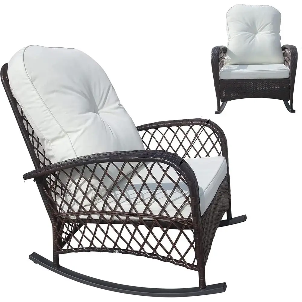 

All-Weather Wicker Rocking Chair with Cushion, Patio Rattan Rocker for Garden, Supports Up to 330lbs - Brown Frame, White Seat C