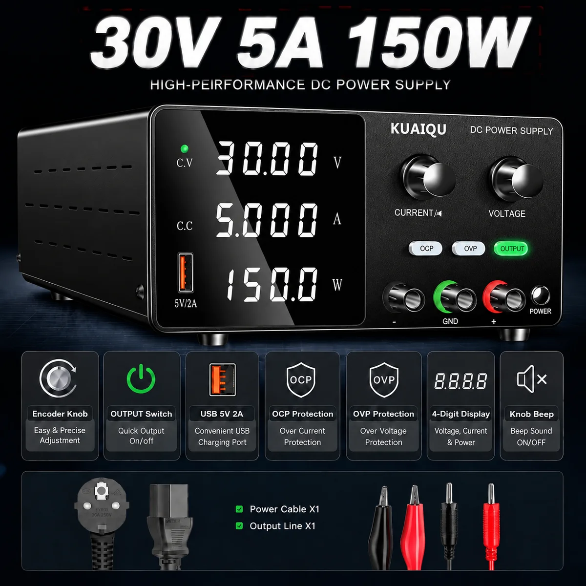KUAIQU 30V 10A instelbare laboratoriumvoeding, DC 160V 2A 320W, met encoder, OCP- en OVP-beveiliging, USB-uitgang, voor elektronische reparaties.