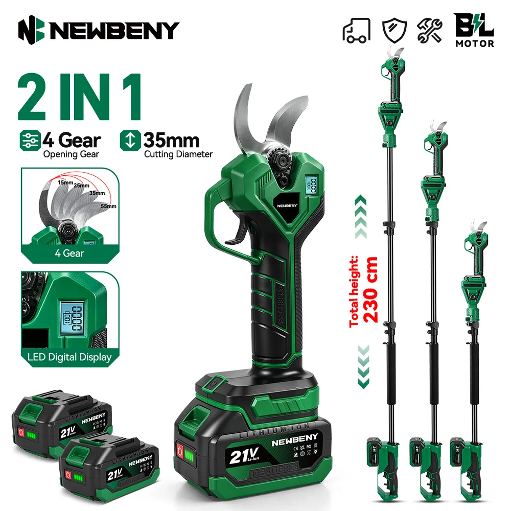 NEWBENY Potatore Elettrico Senza Spazzole 2 in 1 con Asta Telescopica, Attrezzo da Giardinaggio per Batteria Makita 21V