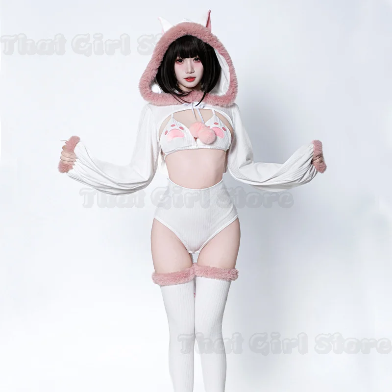 Cute Japanese Cat Suit Bikini Set Detachable Tail Fluffy Cat Ears Comfortable White Cotton Polyester Jumpsuit halloween Outfits