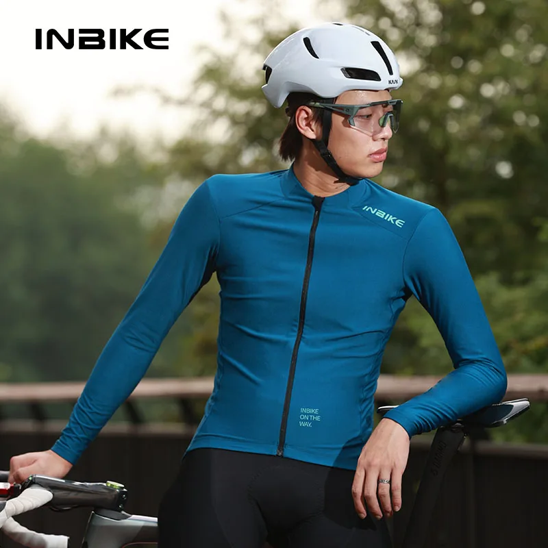 INIBKE Spring and Fall Men\'s Cycling Long Sleeve Jersey Road Bike Padded Warm Mountain Bike Clothing Full Zip Pockets