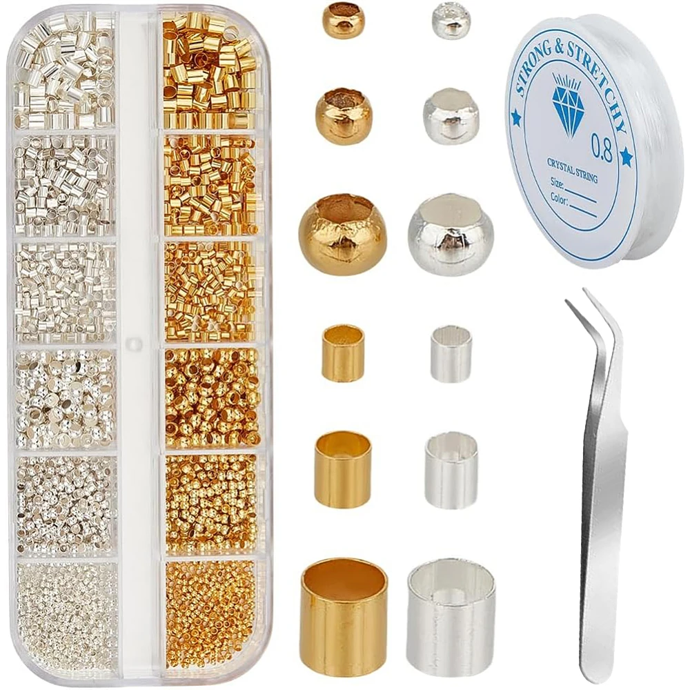 1 Box 2000PCS Crimp Beads Covers Kit with 304 Stainless Steel Tweezers Clips Elastic Cord Golden Silver Tube Rondelle