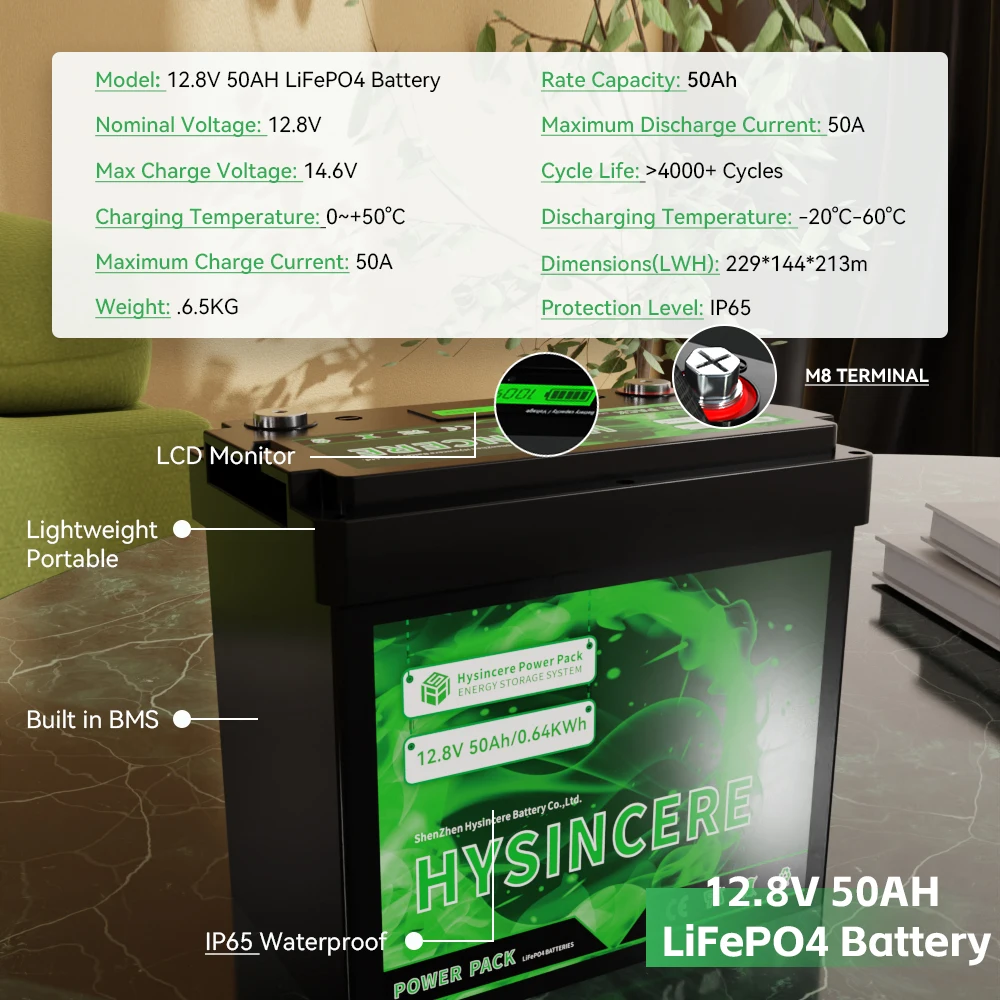 12V 50Ah LiFePo4 Battery Pack Lithium Iron Phosphate Batteries Built-in BMS for Solar Boat Golf Cart Home Energy Storage Cells