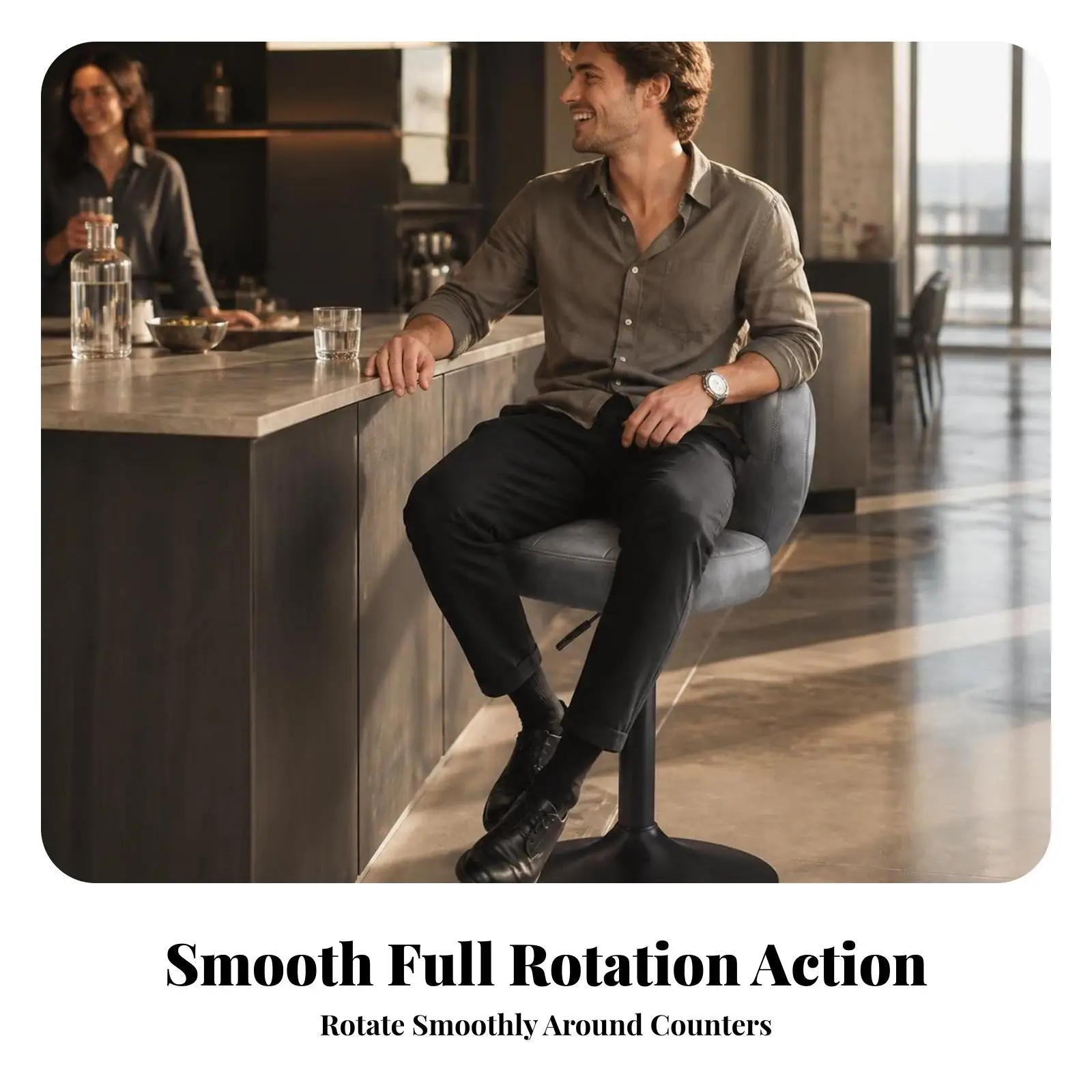 Swivel Bar Seat with Backrest Adjustable Height Leather Counter Stool Modern Kitchen Island Chair 360 Rotation Footrest Support