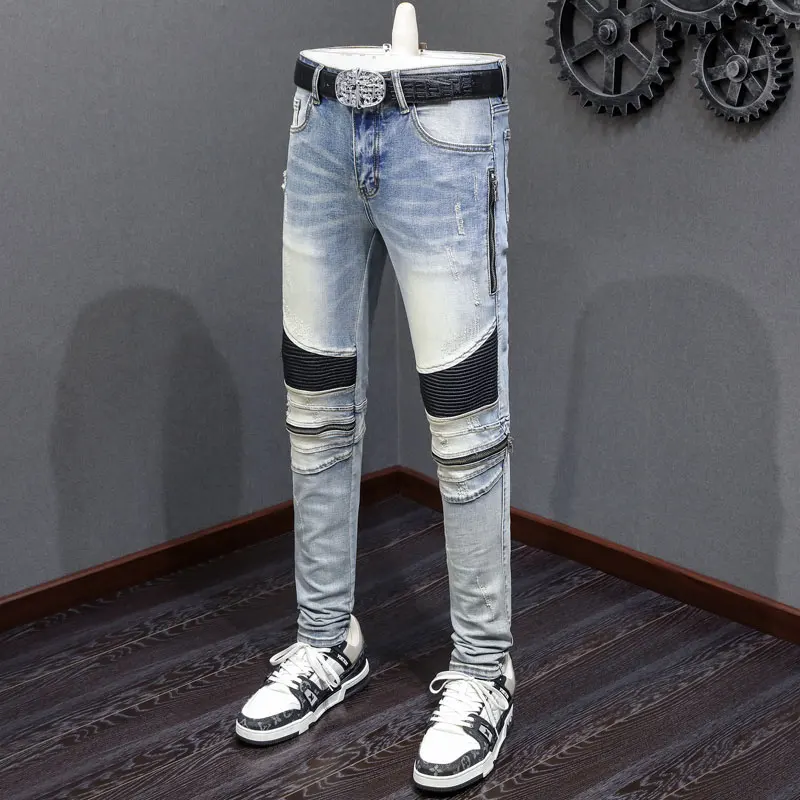 

High Street Fashion New Men's Jeans Washed Nostalgic Stretch Slim Fit Light Blue Zipper Decorative Jeans Hip Hop Brand Splicing