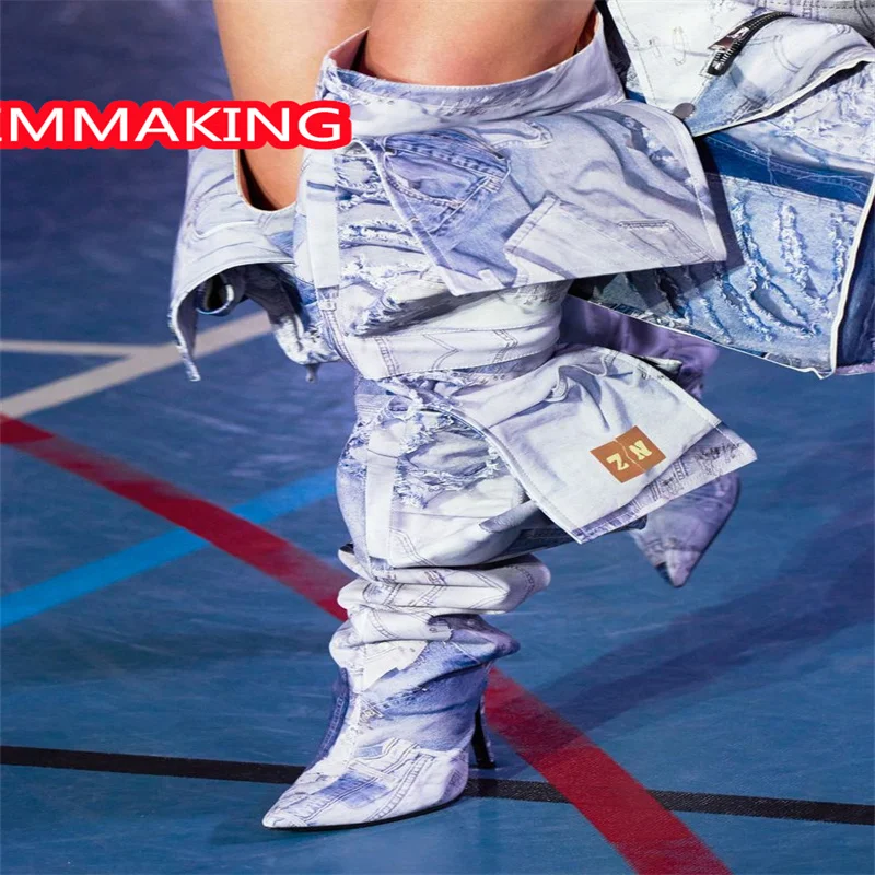 النساء جيب المدرج أشار تو خنجر فوق الركبة الأحذية تصميم جديد السيدات أحذية عالية الكعب botas de invierno الفقرة موهير #4